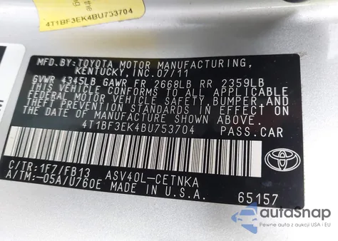 2011 Toyota Camry из США, поврежденный, VIN 4T1BF3EK4BU753704